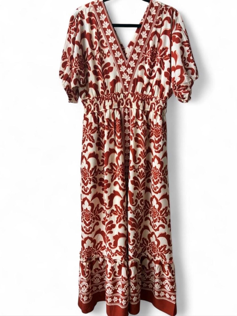 Bohemian red floral V-Neck long Maxi Dress defined ruched waist girly resort 12